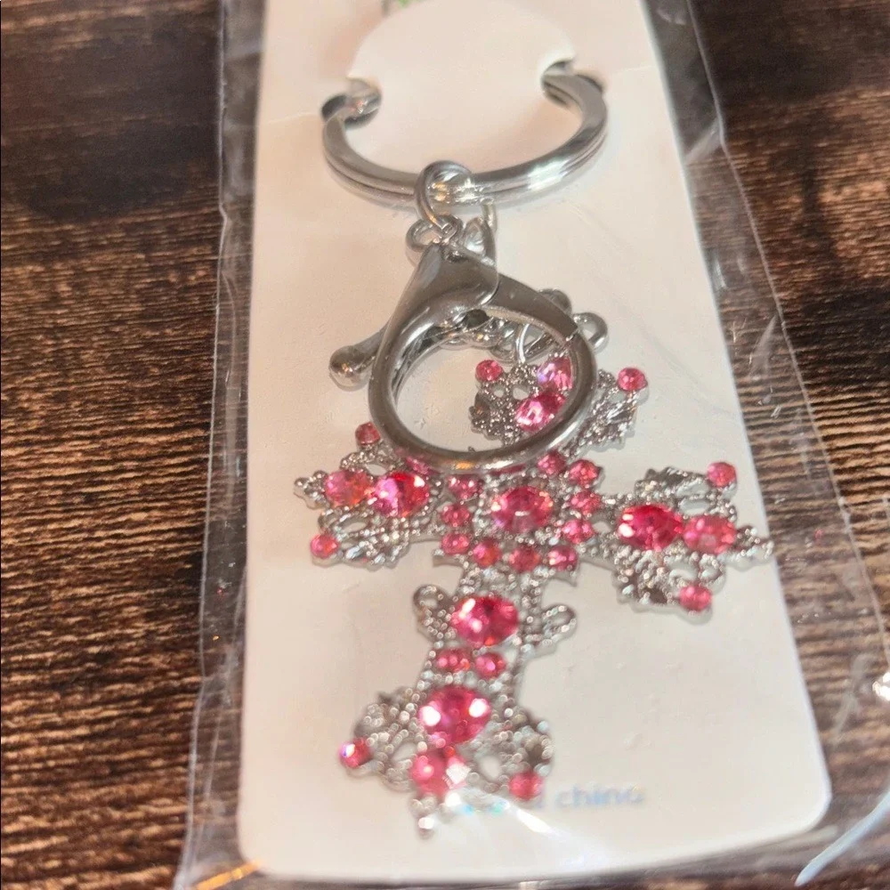 Pink Rhinestone Filigree Cross Keychain Silver Tone Bag Charm